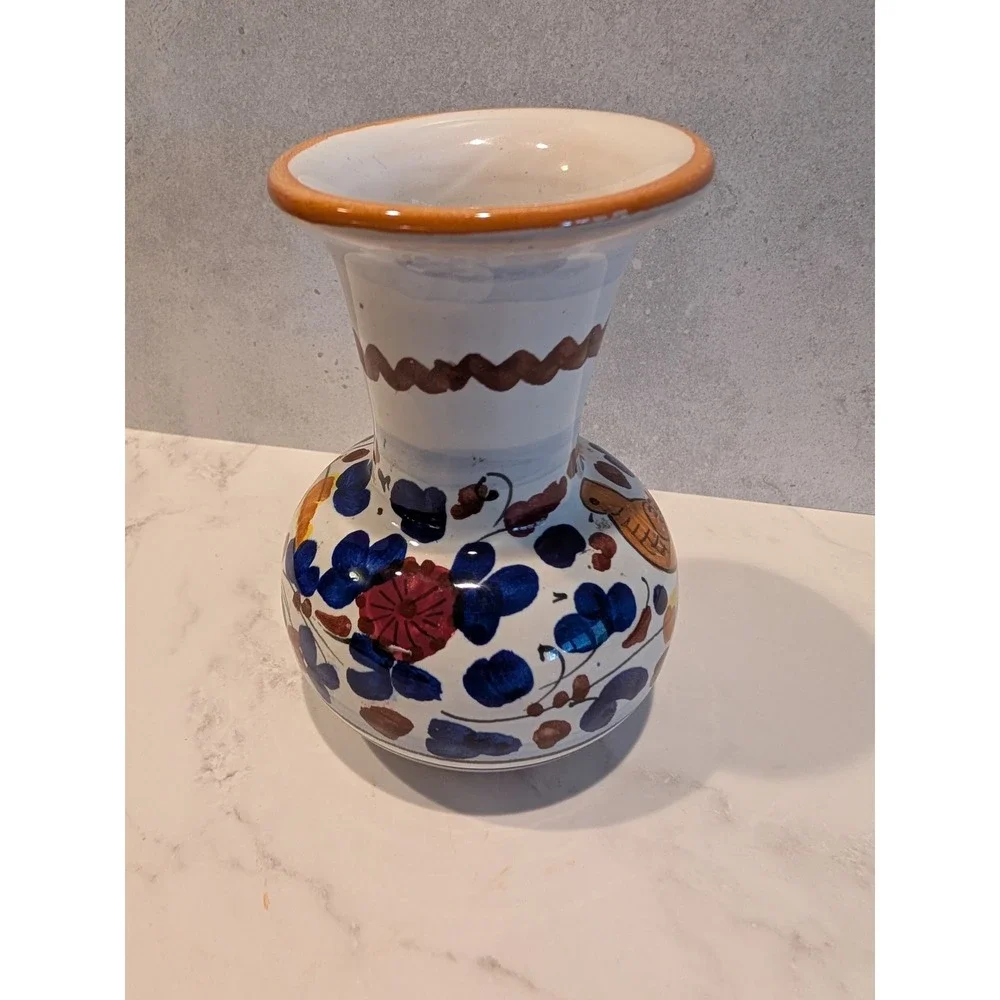 Amalfi Italian Pottery Hand Painted Bird Floral Bud Vase Handpainted 4.5 Inch